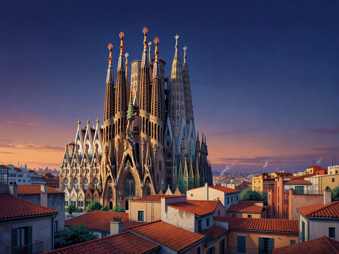 Stylised skyline view representing Barcelona's Sagrada Família and rooftops at dusk