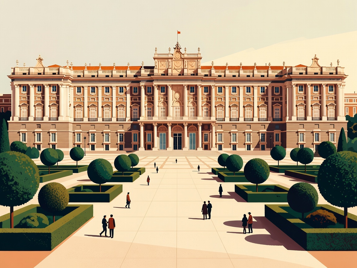 Stylised view representing Madrid's Royal Palace and central plaza
