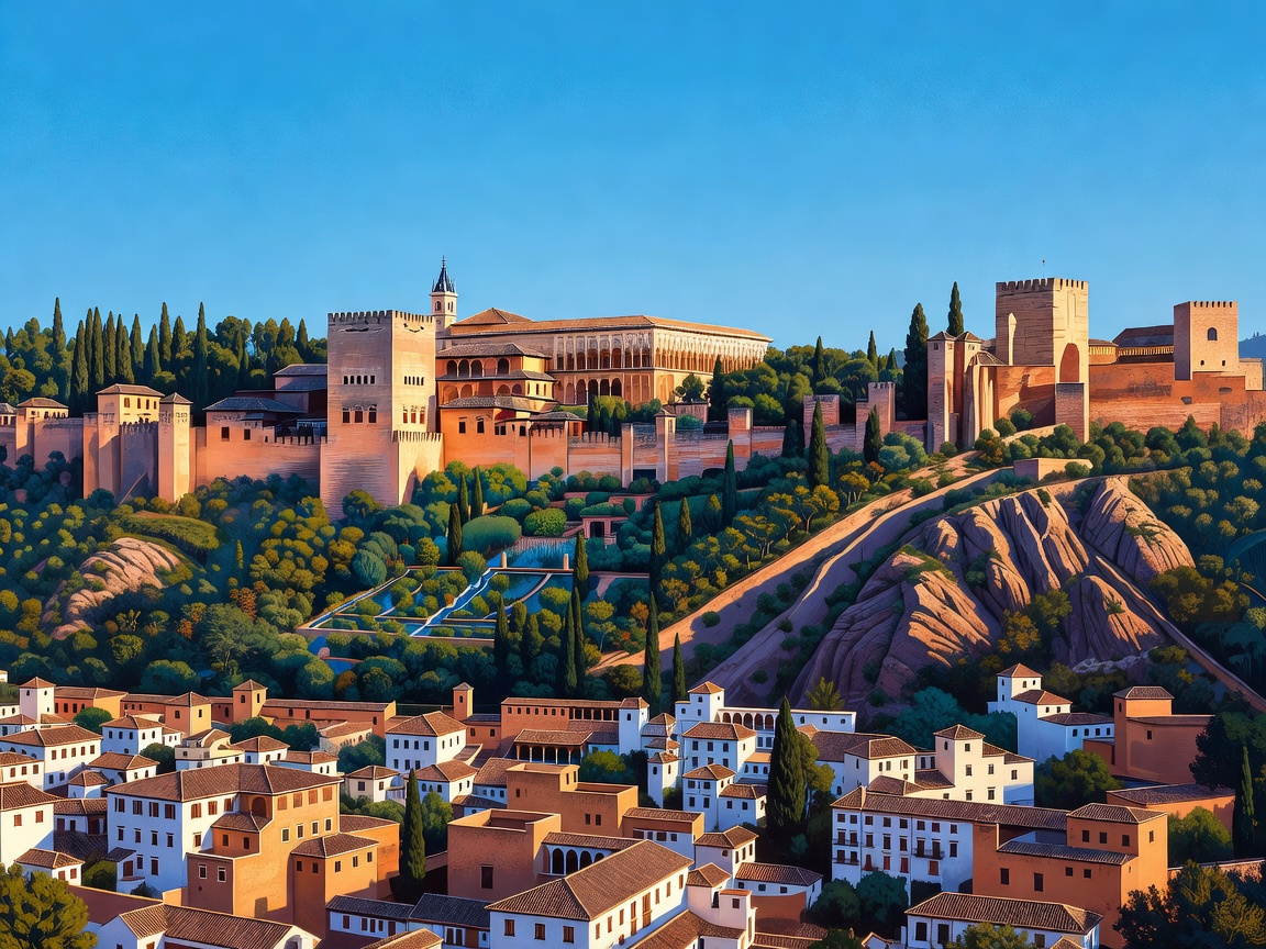 Stylised view representing the Alhambra palace complex above Granada